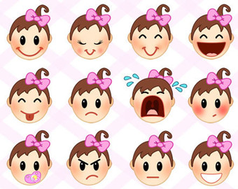 CLIP ART Cute Baby Girl with Pink Bow Emotions - Expressions Smileys Emoticons Emojis for baby shower, scrapbooking - Babies, kids, children