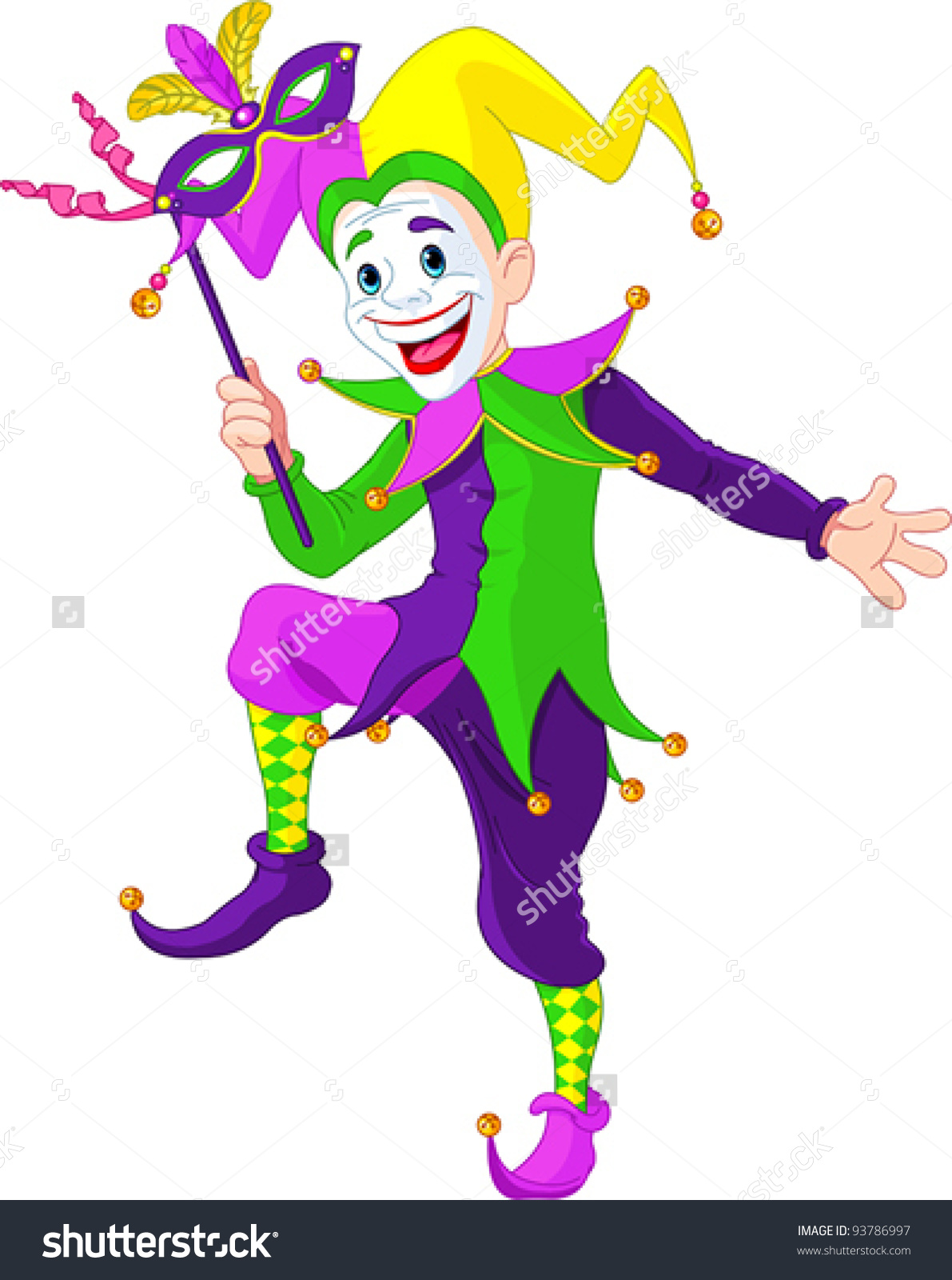 Clip art illustration of a cartoon Mardi Gras jester holding a mask