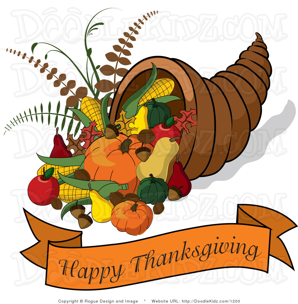 Clip Art Illustration Of A Cornucopia With A Happy Thanksgiving Banner