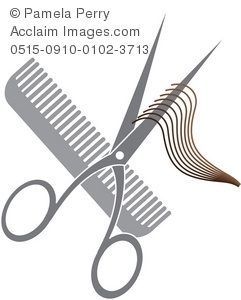 Clip Art Illustration of a Hair Cutting Icon-Scissors, Comb and a Lock of
