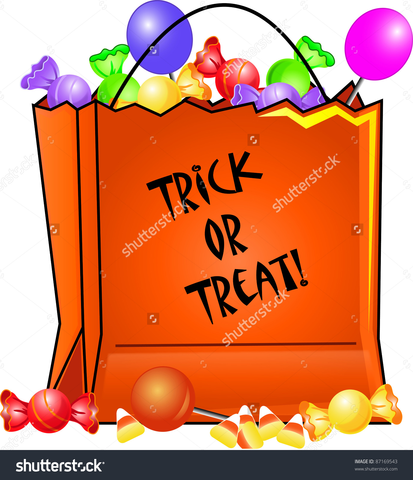 Clip art illustration of a Halloween trick or treat bag filled with candies.