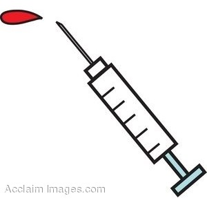 Clip Art Illustration of a Hypodermic Syringe With Blood Drop .