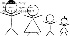 Clip Art Illustration of a Stick Figure Family Drawn in Charcoal Pencil