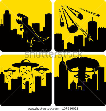 Clip art illustration styled like universal signs showing various disasters in a large city. Includes