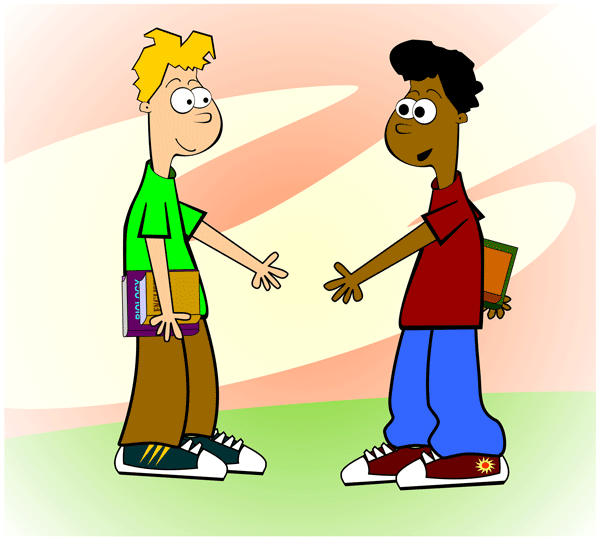 Clip Art Illustration Two Boys At School Meet In The Hall