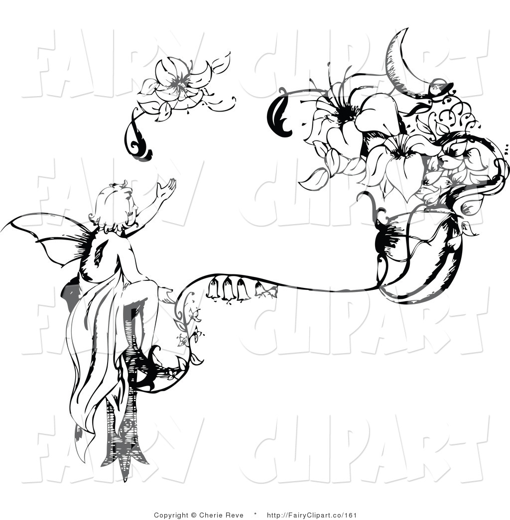 Clip Art Of A Black And White Injured Fairy Reaching For Its Wing