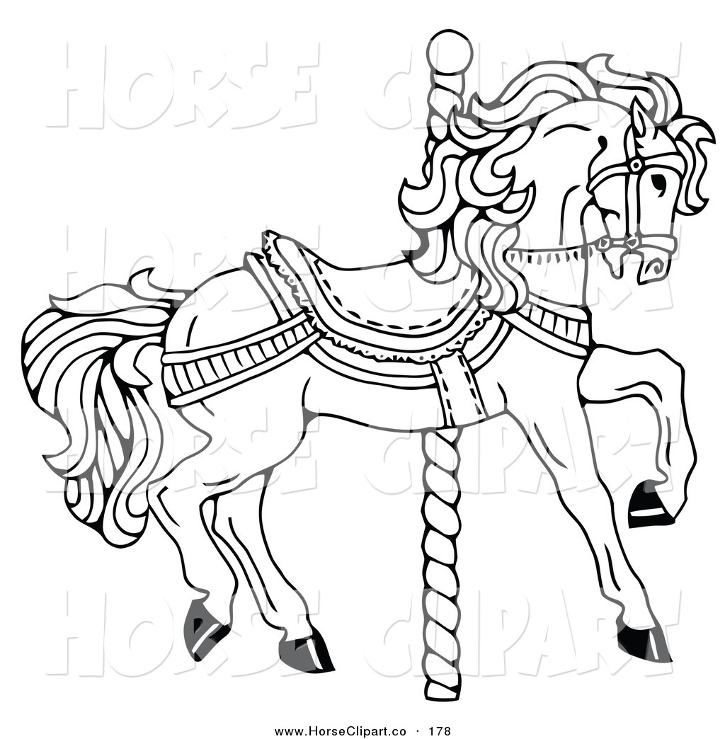 Clip Art of a Carousel Horse Facing Right, on a Spiral Pole, Coloring Page