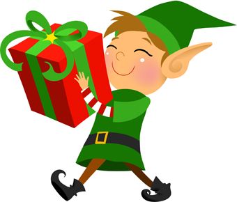 Clip art of a grinning elf carrying a large wrapped Christmas gift. Description from dailyclipart