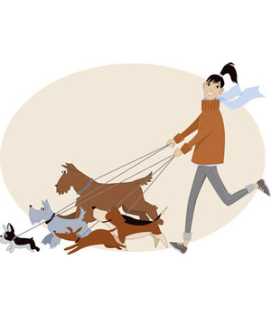 Clip Art of Dog Walker with Five Dogs