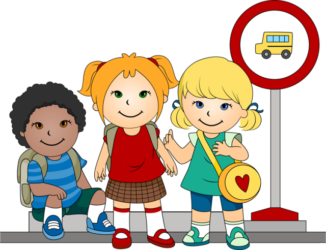 Clip Art Of Kids At A School  - Bus Stop Clipart