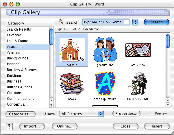 Clip Art Search Options Window in XP 602 x 468