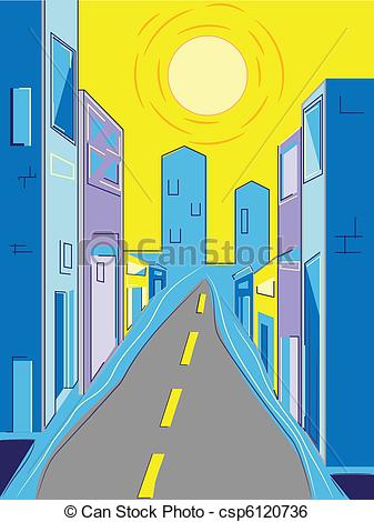 Clip Art Vector Of City Street City Street In Summer With Tall
