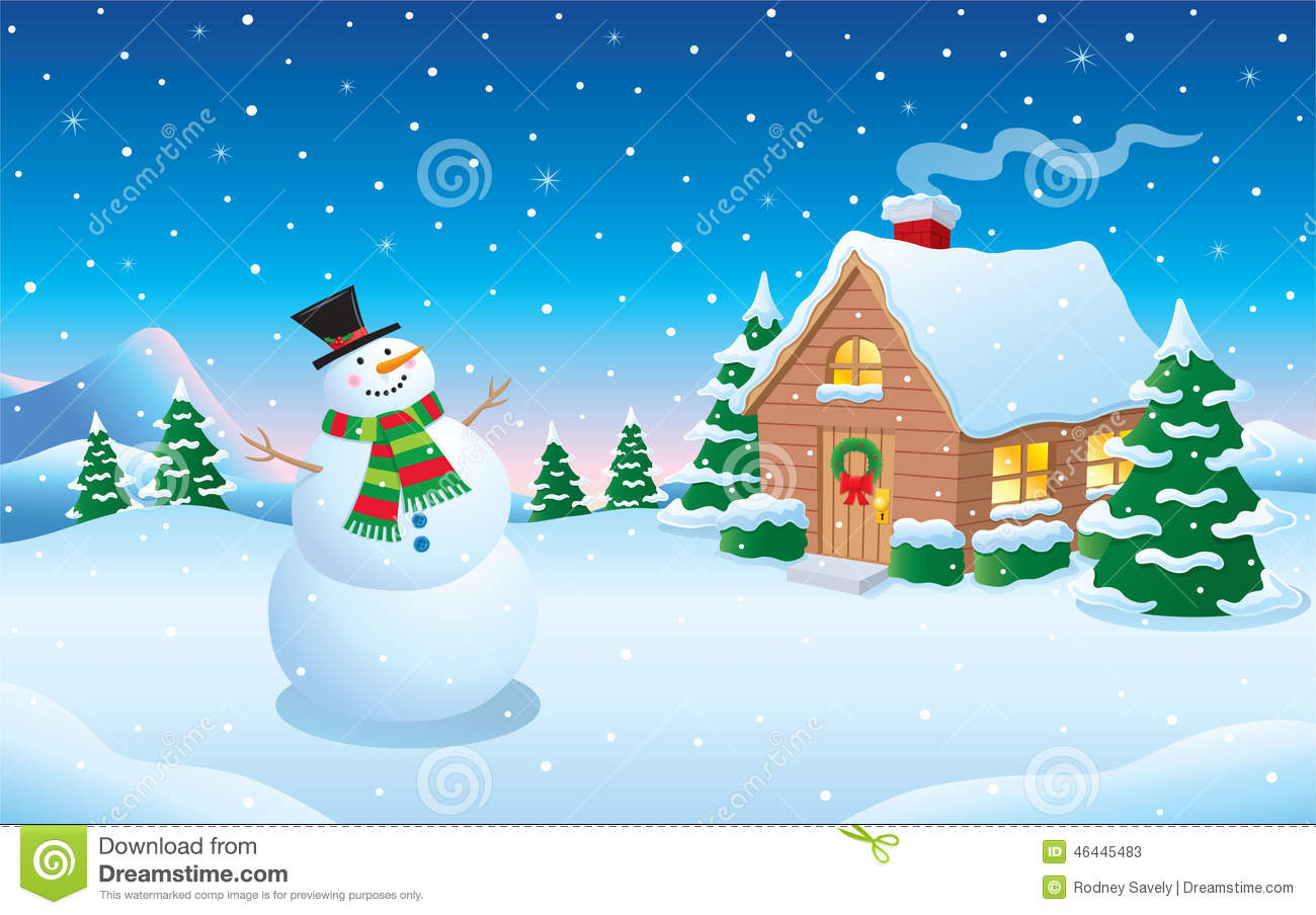 ... Snowman in winter scene w