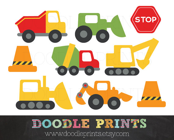 Clipart Construction Trucks - Construction Digital Clip Art Design - Trucks, Stop Signs, Garbage
