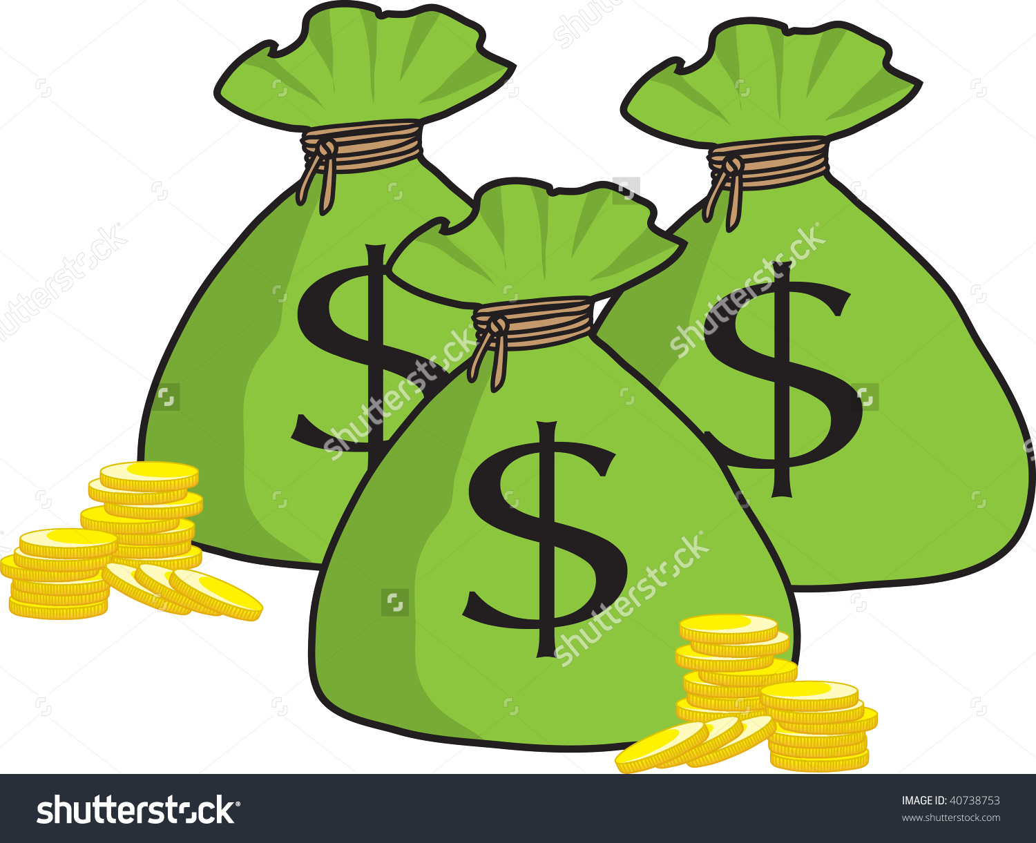 clipart illustration of a bunch of money bags with golden coins