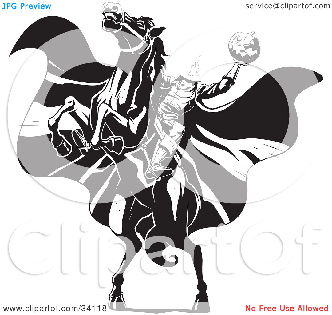 Clipart Illustration of The Headless Horseman On A Rearing Horse, Holding Up A Jack O Lantern As His Cape Blows In The Wind by Lawrence Christmas ...