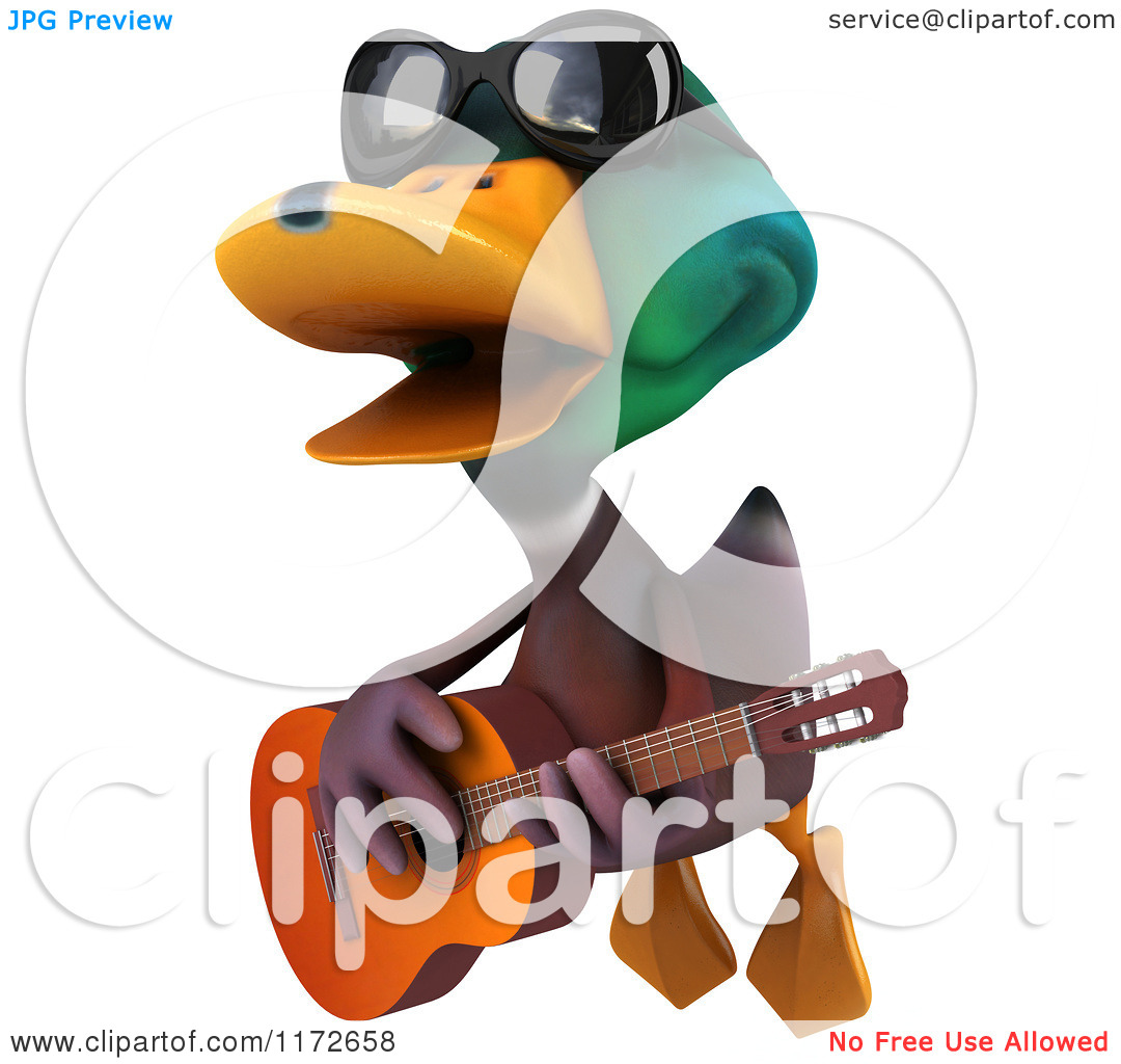 Clipart of a 3d Mallard Drake Duck Wearing Sunglasses and Flying with a Guitar - Royalty Free CGI Illustration by Julos