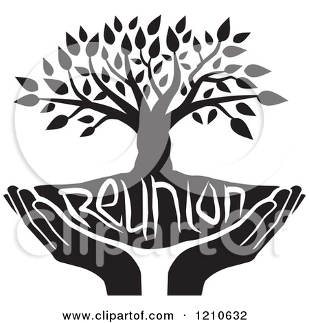 Clipart of a Black and White Family Reunion Tree and Uplifted Hands - Royalty Free Vector Illustration by Johnny Sajem