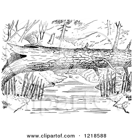 Clipart of a Black and White Log over a River with Mink Traps on the Shore - Royalty Free Vector Illustration by Picsburg