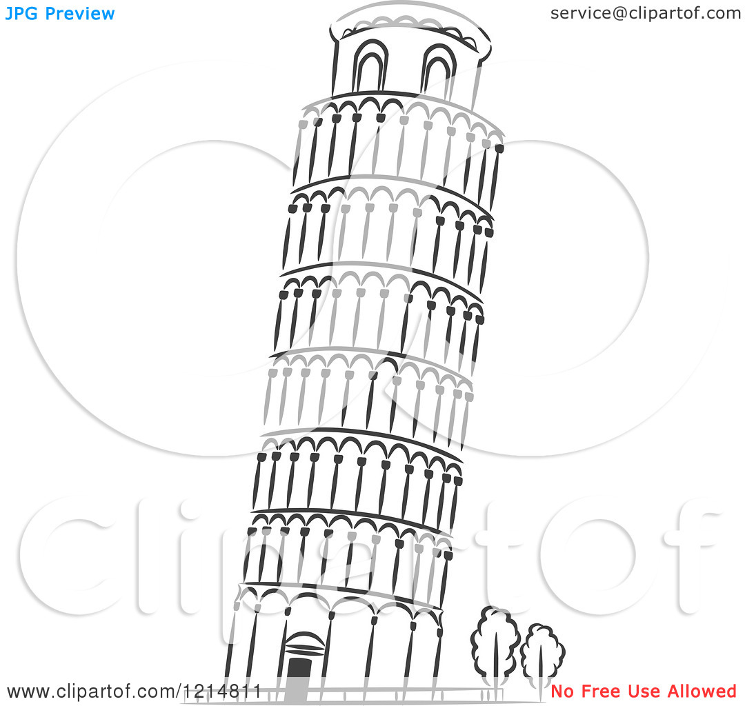 Clipart of a Black and White Sketched Leaning Tower of Pisa - Royalty Free Vector Illustration by Vector Tradition SM