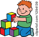 Clipart Of A Cartoon Happy Red Haired White Boy Playing With Building Block Toys Royalty Free
