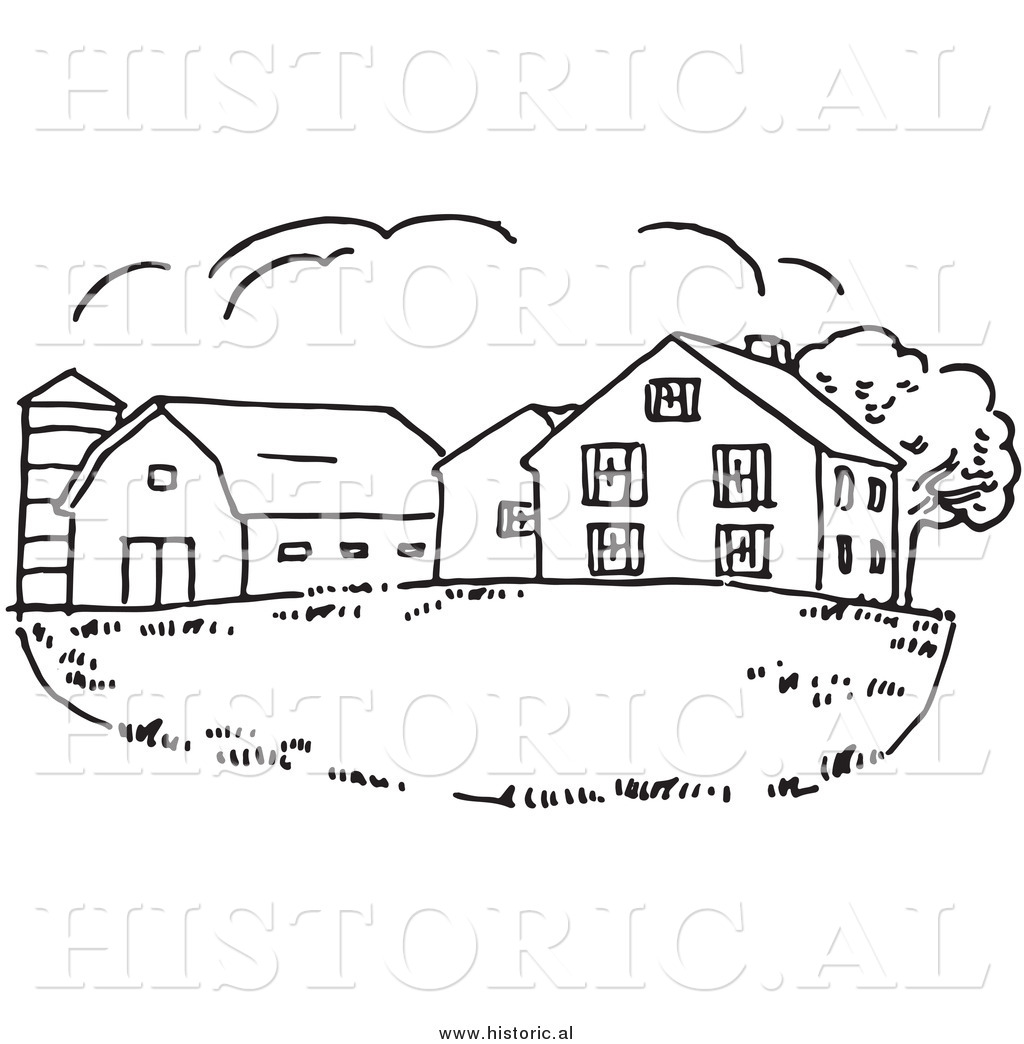 Clipart Of A Farm House With  - Farm Clipart Black And White