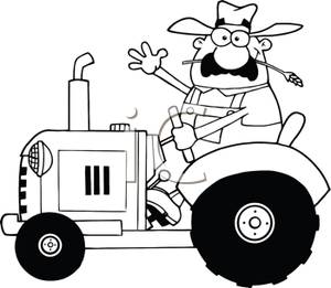 Clipart Picture: Black and White Farmer on a Tractor