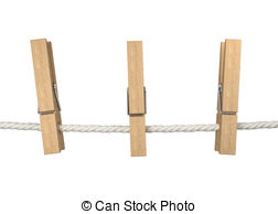 ... Clothespins on a rope. 3d illustration isolated on white.