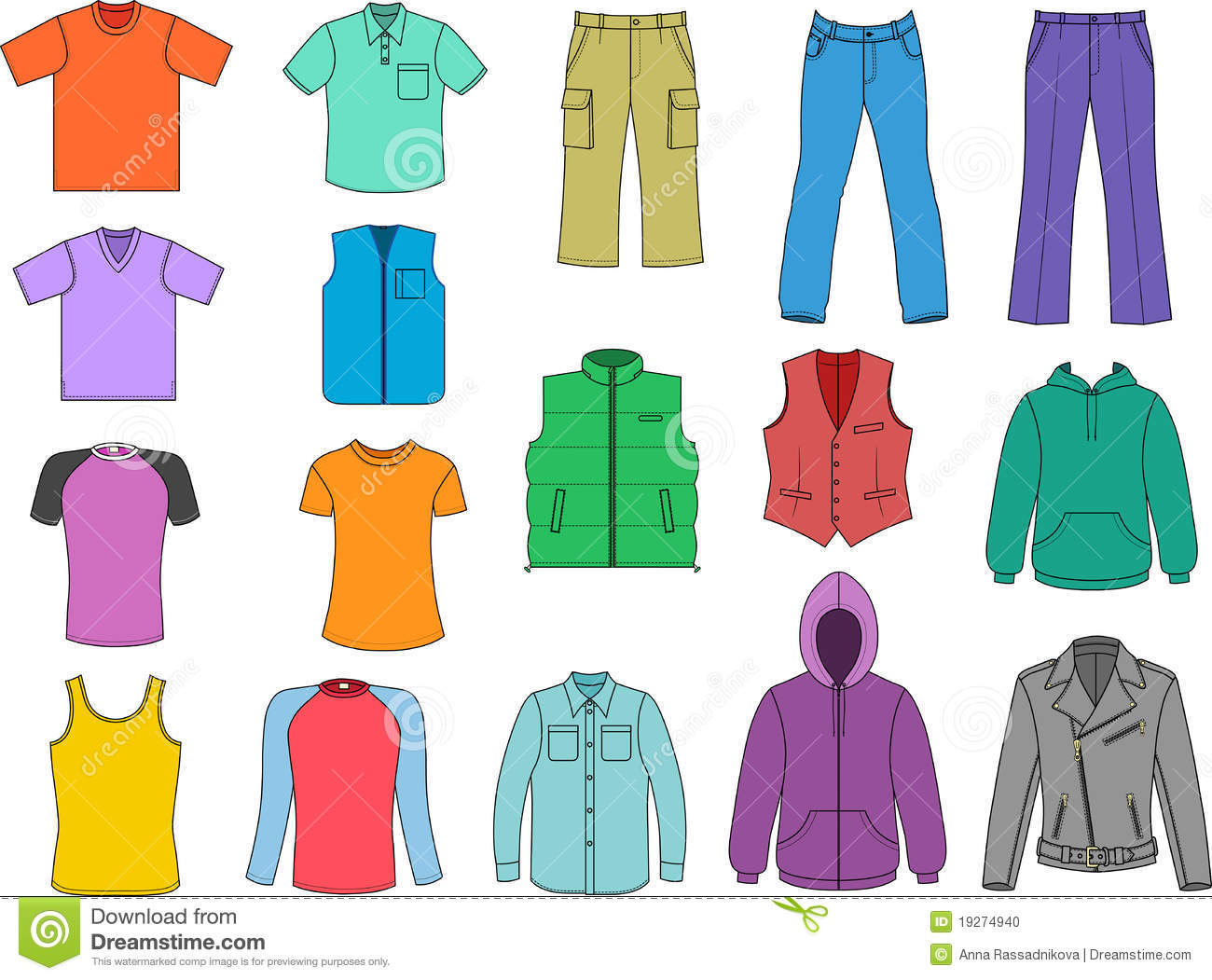 Clothing clip art women. Man clothes colored collection