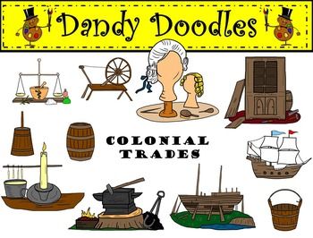 Colonial Trades Clip Art: 11 color and 11 BW PN images. $