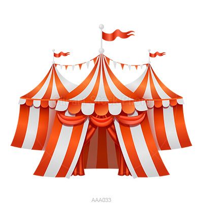 Colorful circus tents clipart with flags at the top and decorations in red - white stripes fabric curtains. Great cartoon big top graphic for special .