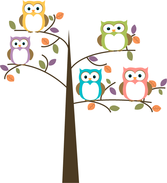 Colorful Owls in Pretty Tree - Owl Images Clipart