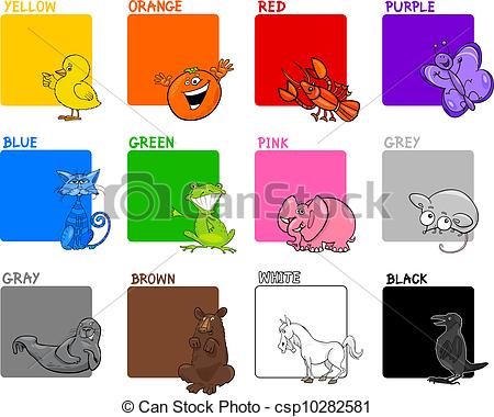 Cartoon Illustration of Primary Colors with Animals or Objects Education Set