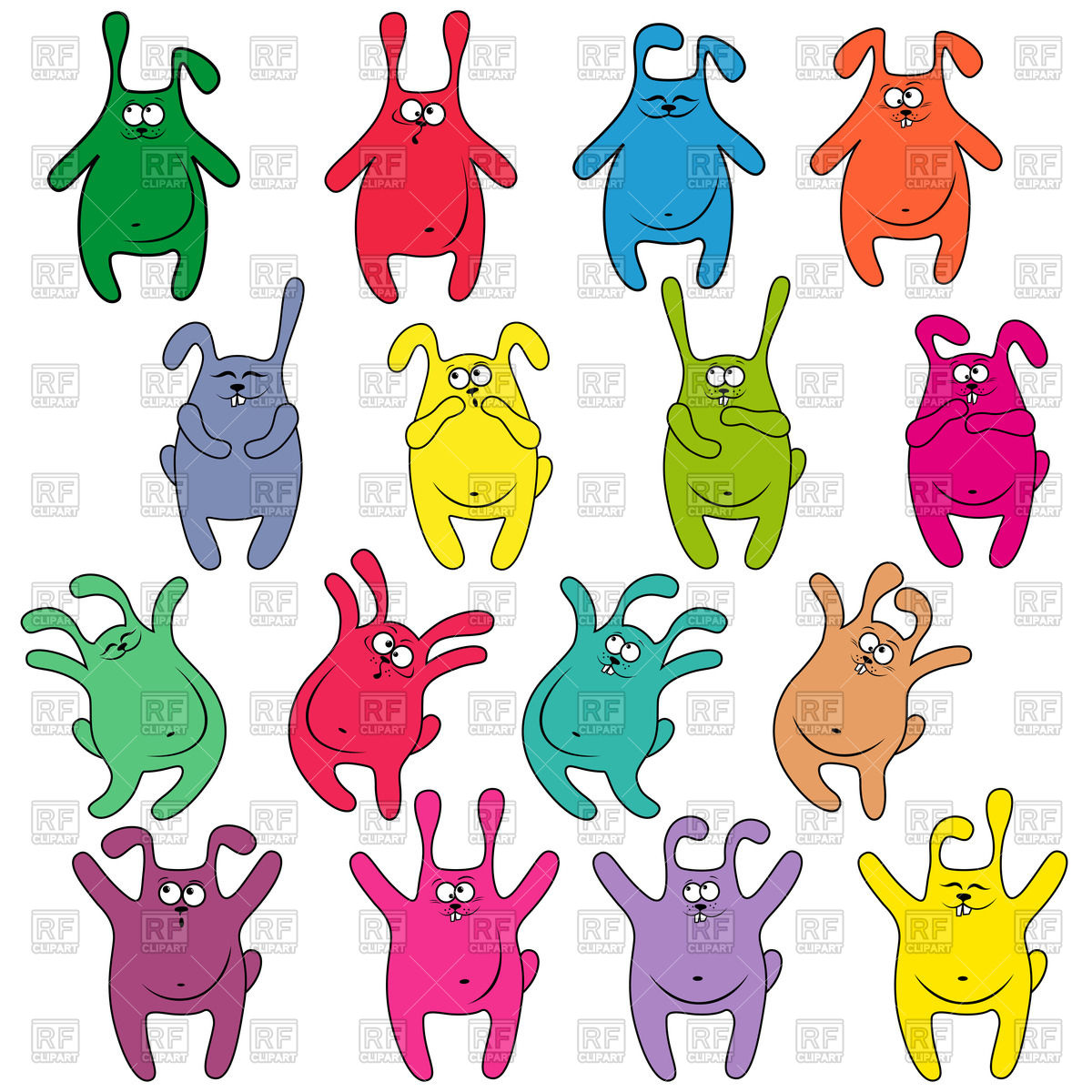 Thick funny rabbits of different colours Royalty Free Vector Clip Art