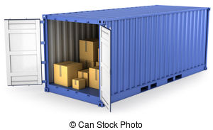 Blue opened container with carton boxes inside, isolated on.