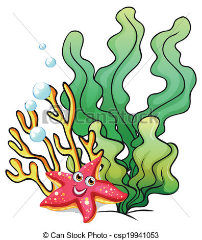 ... Coral reefs with a smiling starfish - Illustration of the.