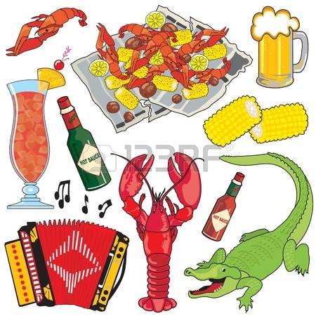 crawfish: Cajun Food, Music and drinks clipart icons and elements Illustration