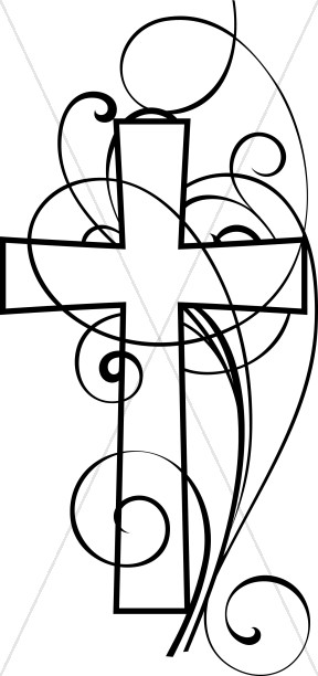 Cross And Swirls Black and White Christian Clipart