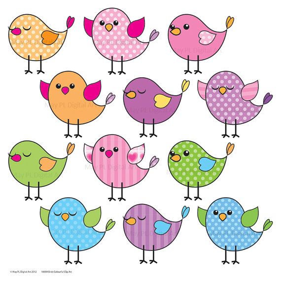 Cute Birds Clipart Clip Art Pink Blue Purple Green Tweet Tweet Downloadable Party Printables DIY Make