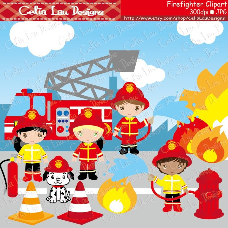 Cute Firefighter Clipart, Fireman clip art (CG035), Firefighter Kids and dog, Fire Truck for Personal and Commercial Use / INSTANT DOWNLOAD