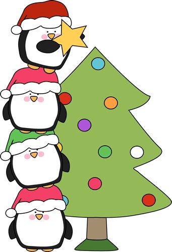Cute little penguins trying to put a star on a tree. Of all the Christmas