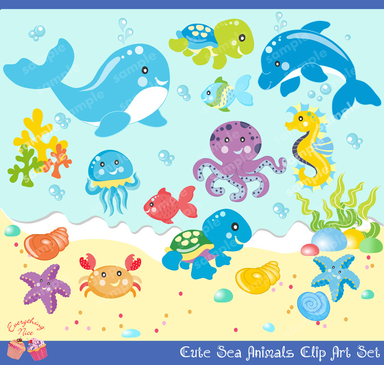 Cute Little Sea Animals Boy . - Sea Life Clipart