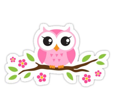 Cute owl stickers. Pink owl on a branch with leaves and flowers.