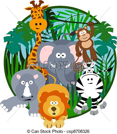 Cute Safari Cartoon - Illustration of a cute safari group of.