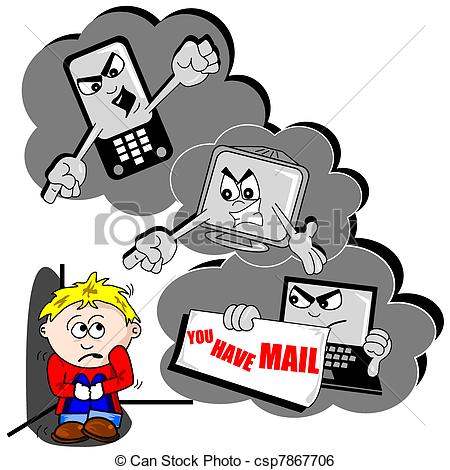 Cyber bullying cartoon with scared child mobile phone and PC