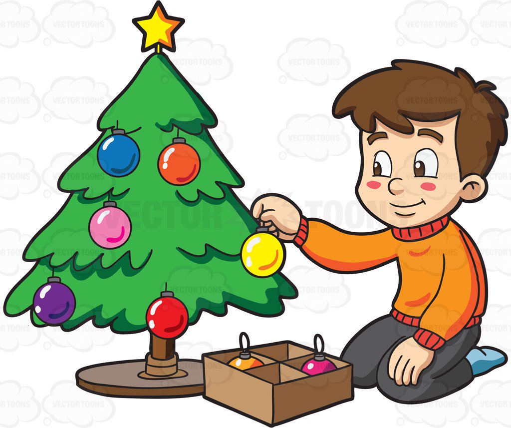 A boy decorating a Christmas tree