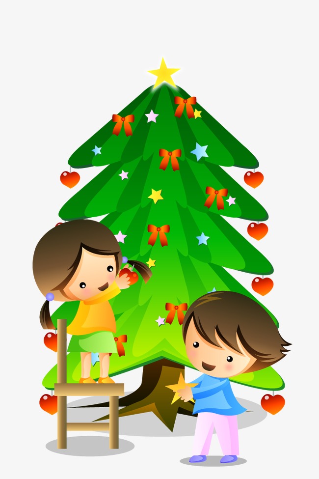 cartoon children decorate the christmas tree, Cartoon, Child, Decoration  PNG Image and Clipart