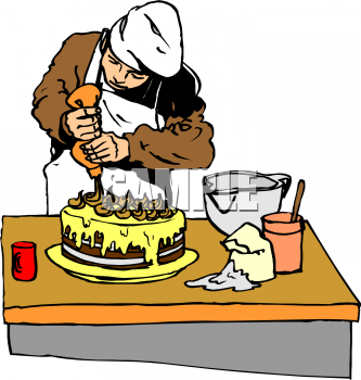 Description: This clip art illustration of a chef decorating a chocolate  layer cake. In this image a chef is using a pastry bag of icing to decorate  a cake.