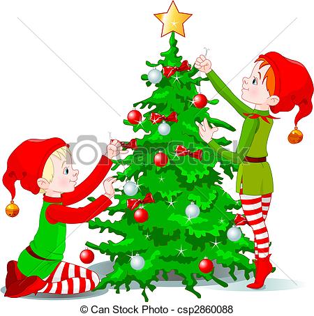 Elves decorate a Christmas Tr - Decorate Clipart