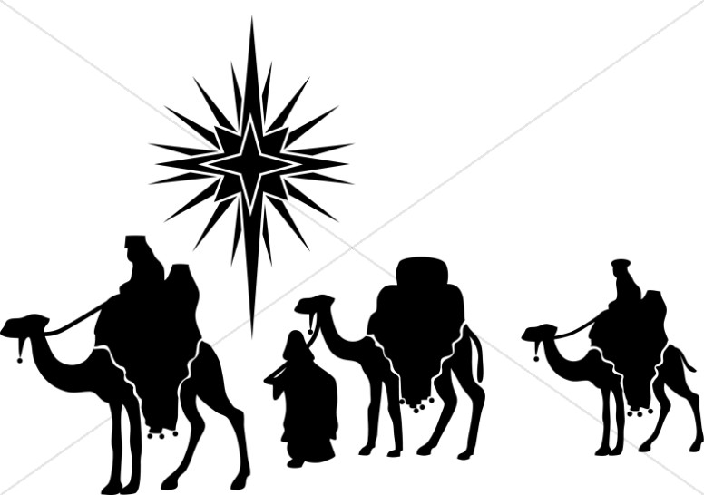 Decorative Red Epiphany Clipart. Nativity Star and Magi Silhouette